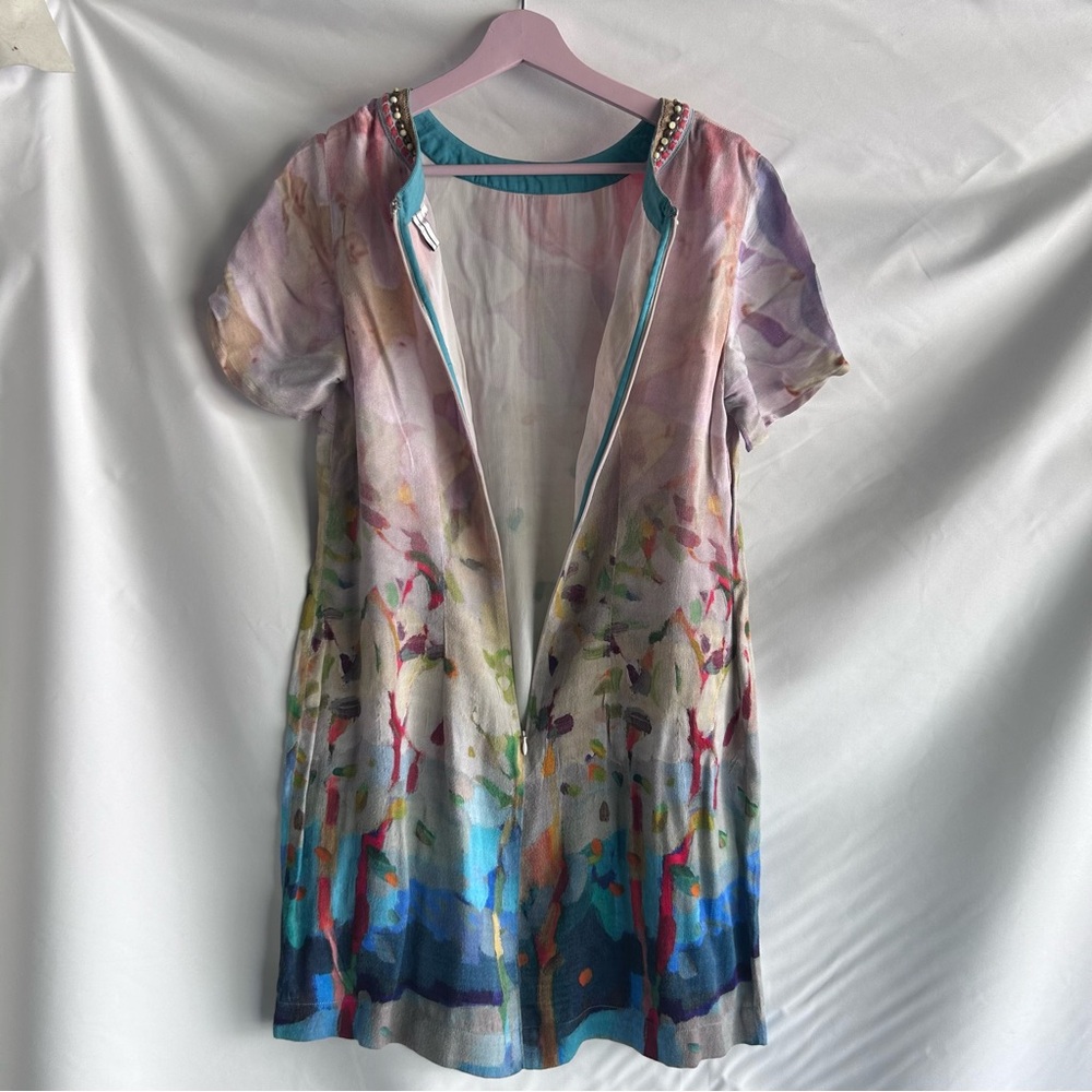 Blank London Watercolor Viscose Crepe Satin Short Sleeve Dress | Size Large - Picture 9 of 14